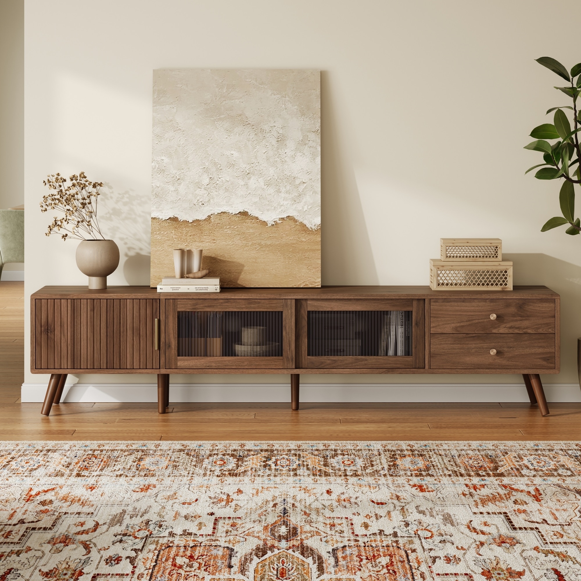 76" Modern Minimal Glass-Doors Tv Stand For Tvs Up To 85 Inches, Wood-Grain Entertainment Center With Storage Cabinets