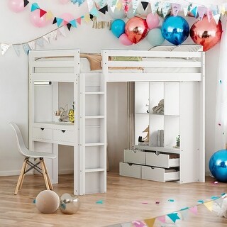 Twin Size Loft Bed With Large Shelves,Writing Desk and LED Light for Home