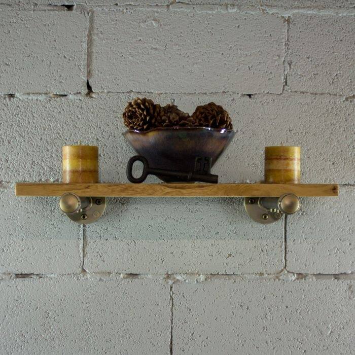 Somerville Farmhouse Industrial Wall Shelf - 24-Inch Wide - Natural Wood with Brushed Brass and Grey Metals
