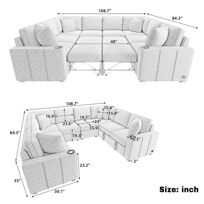 Oversized Sectional Sofa Bed Convertible Daybed Pull-out Sofa Bed U-shape Sleeper Couch Built-in USB Charging Ports & Cup Holder