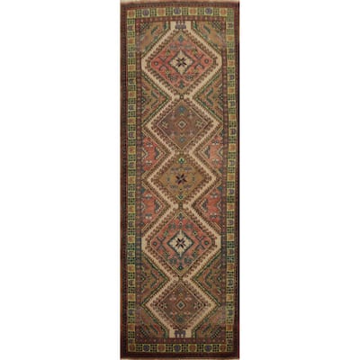 Hand Knotted Oriental 100% Wool Carpet Traditional Geometric Beige & Ivories Heriz Runner Rug - 10' 3'' X 3' 1''