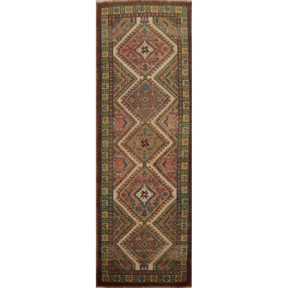 Hand Knotted Oriental 100% Wool Carpet Traditional Geometric Beige & Ivories Heriz Runner Rug - 10' 3'' X 3' 1''