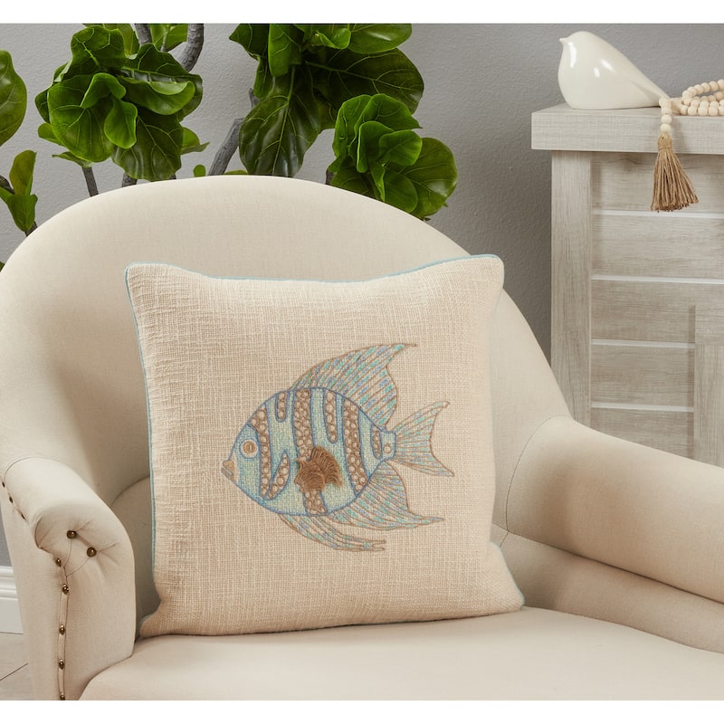 Throw Pillow With Embroidered Fish Design, 18"x18"