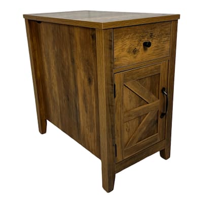 Farmhouse End Table Bedside Table With Charging Station, Night Stand With Barn Door And Drawer