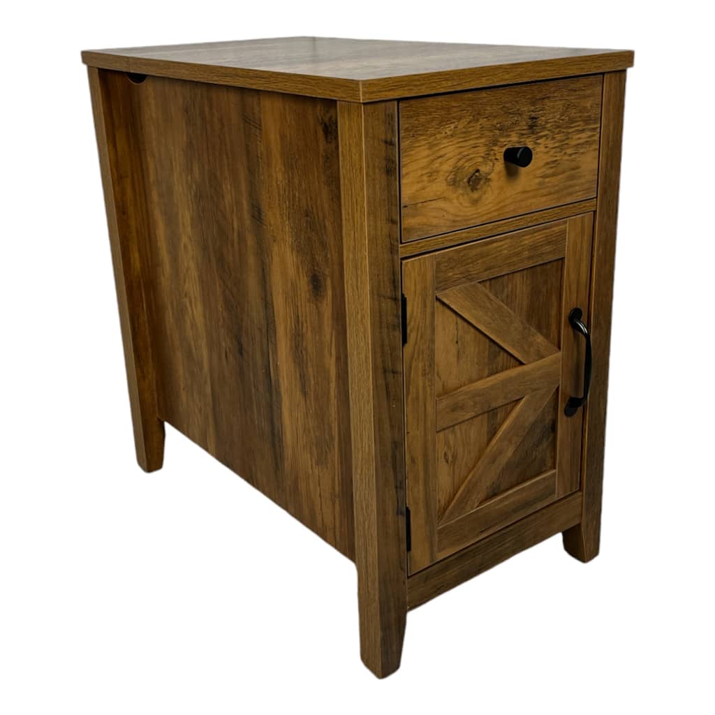 Farmhouse End Table Bedside Table With Charging Station, Night Stand With Barn Door And Drawer
