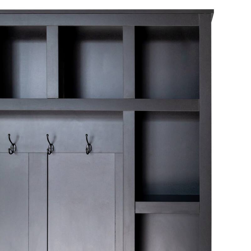 Farmhouse-Inspired Hall Tree with 6 Hooks and Adjustable Shelves, Multi-functional Shoe Cabinet and Bench