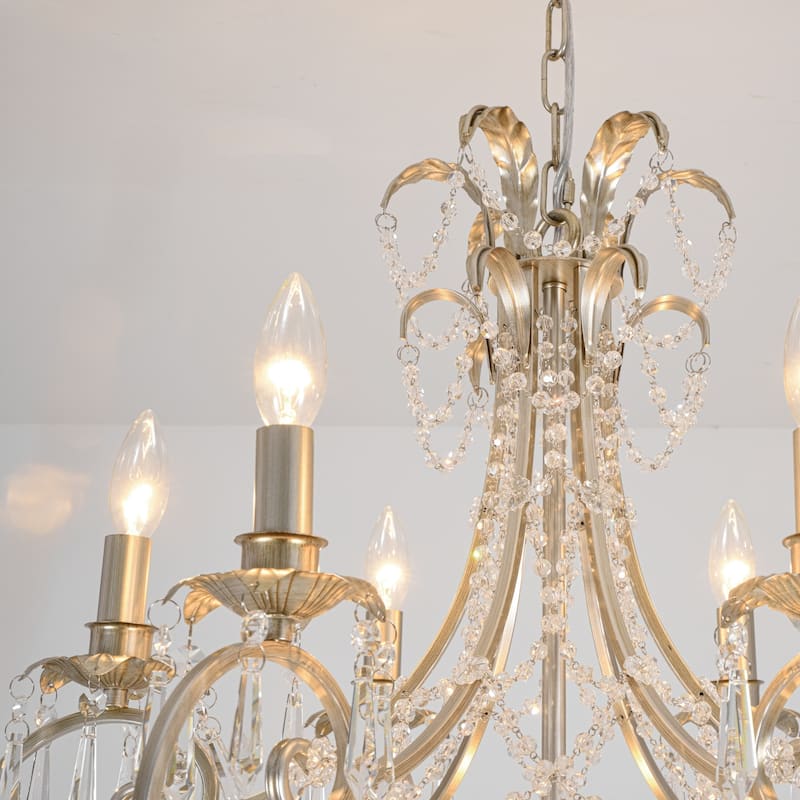9-Light 24.4" W Crystal Chandelier in Antiqued Brushed Silver with Teardrop Pendants for Use in Living Room