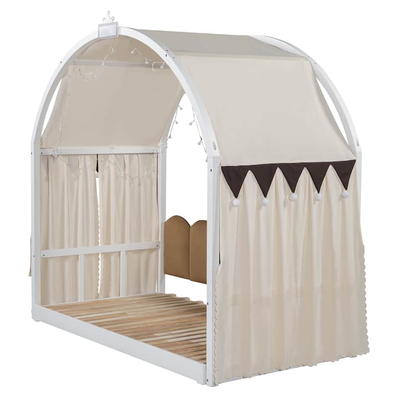 Wood Twin Size Bed Frame with Arched Roof, Floor Bed with Light and Curtain, Pull-out Kids Bed for Girls Boys Bedroom