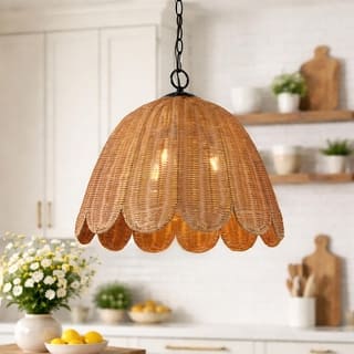 GetLedel 18" Coastal Bohemian 3-Light Scalloped Rattan Pendant - Brown