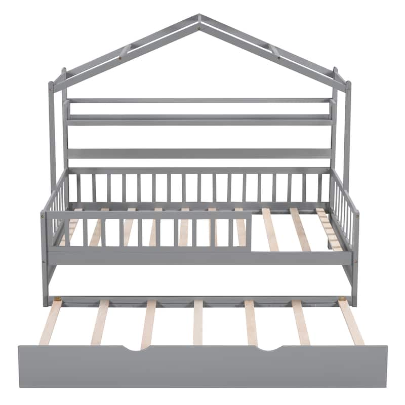 Twin House Bed with Trundle and Storage Shelves, Playful Kids Bed with Roof