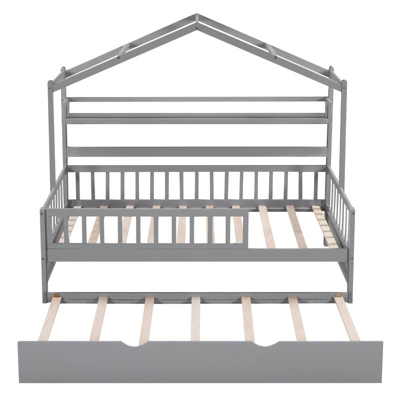 Cute Wooden Twin or Full House Bed with Trundle, Kids Bed Wood Platform Bed Frame with Safety Guardrail & Storage Shelf