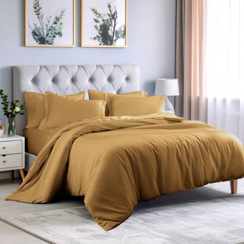 Superior 300 Thread Count Rayon From Bamboo Solid Duvet Cover Set - Full - Queen - Gold