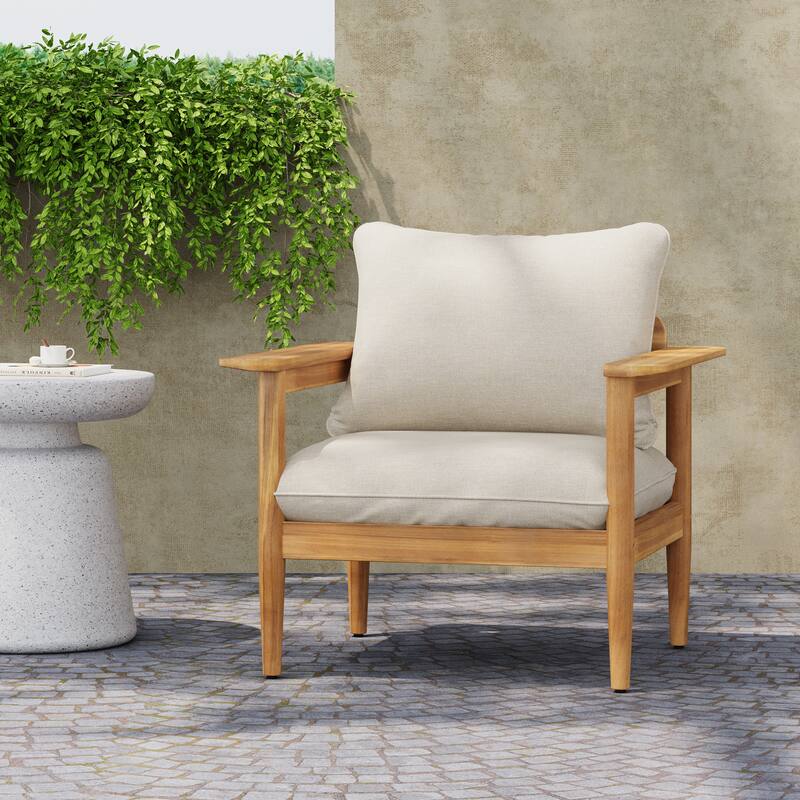 Roomfitters Terassi Outdoor Acacia Wood Lounge Chair with Cushions, Teak Finish and Beige Fabric