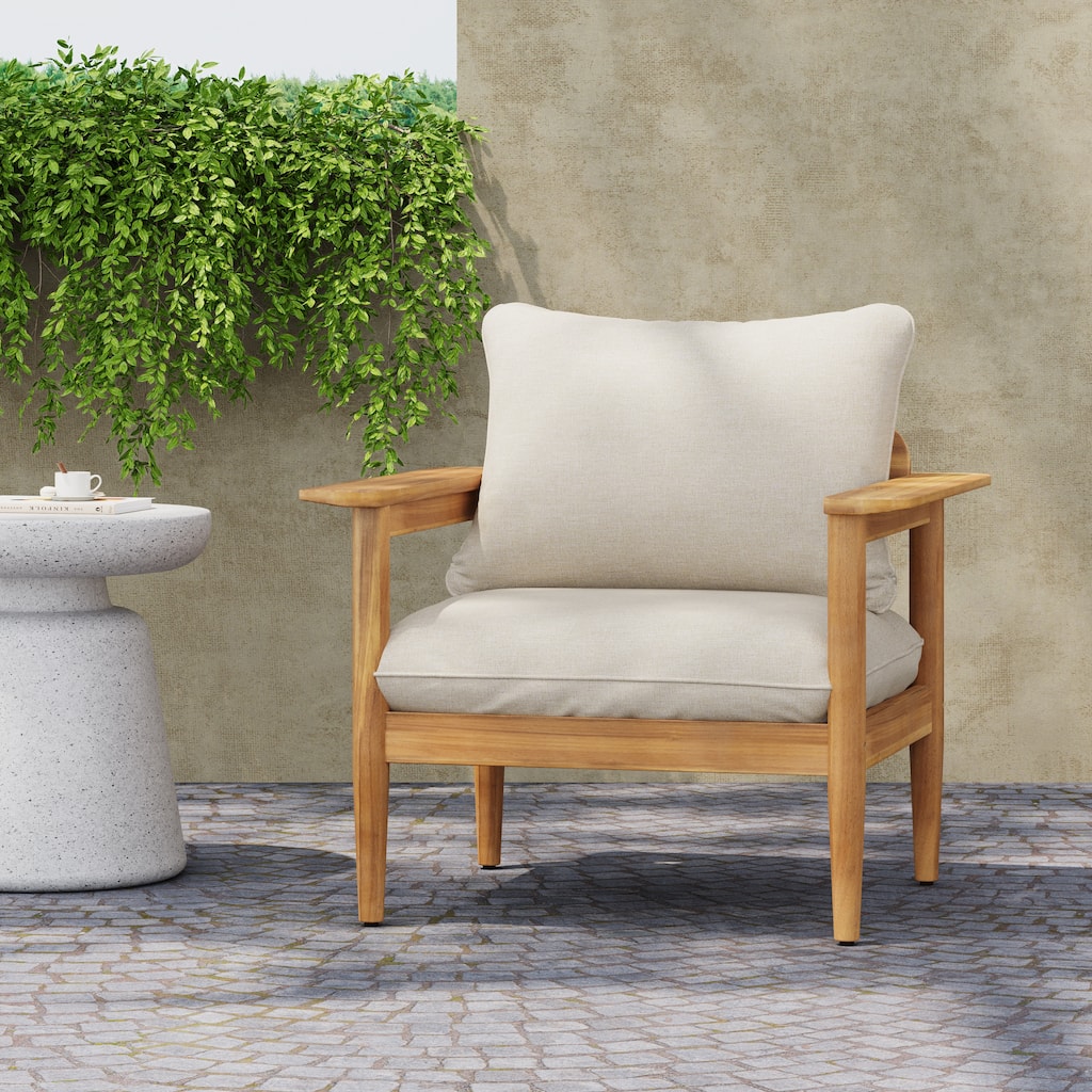 Roomfitters Terassi Outdoor Acacia Wood Lounge Chair with Cushions, Teak Finish and Beige Fabric