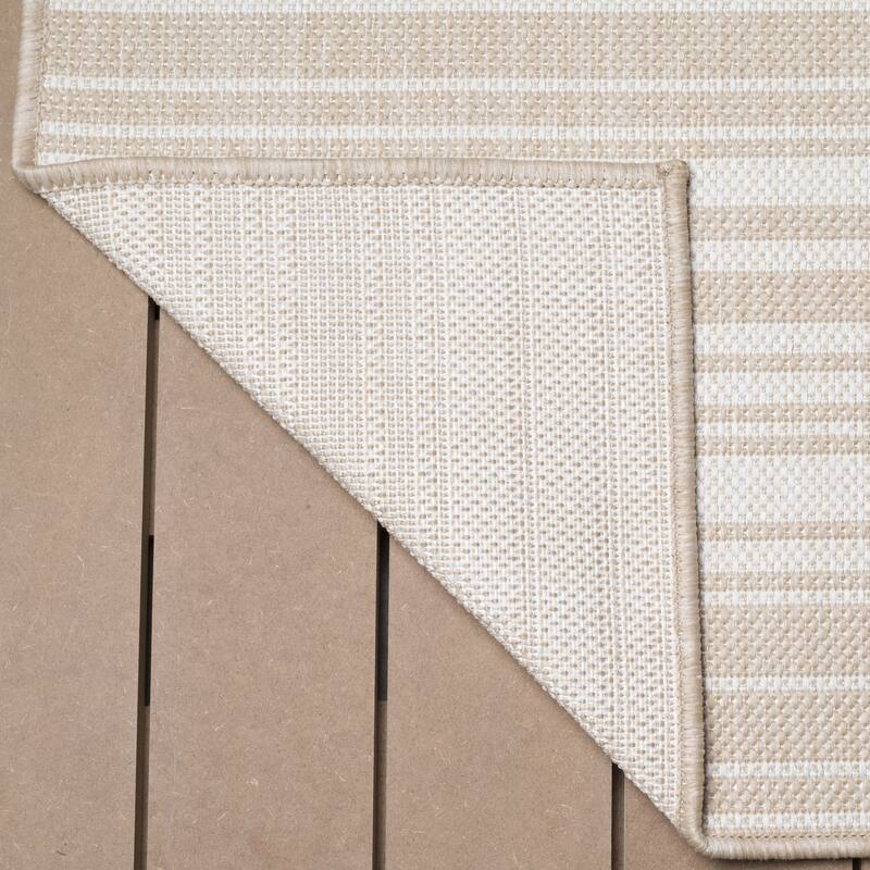Beverly Rug Beige Striped Indoor Outdoor Rug, Outside Carpet for Patio, Deck, Porch