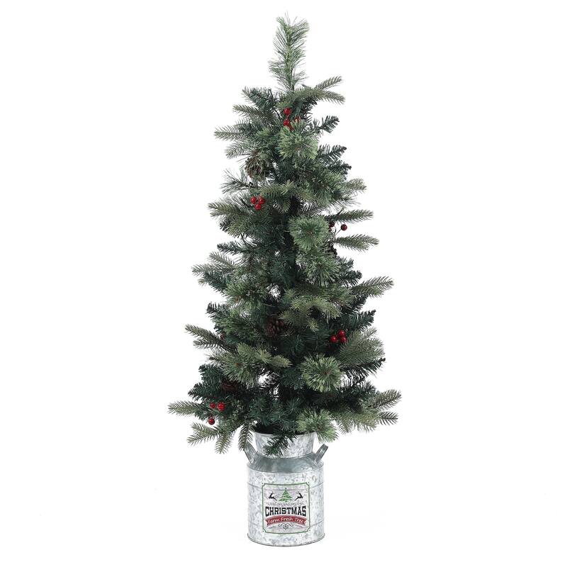 Artificial 4ft Christmas Tree with Metal Pot and Pre-lit LED Lights with Pine Cones and Berry Decorations - 48" H x 22" Diameter
