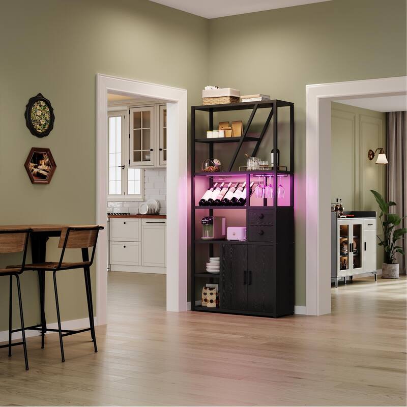 Wine Bar Cabinet with LED Lights, Tall Coffee Bar Station with Power Outlets and Wine Rack