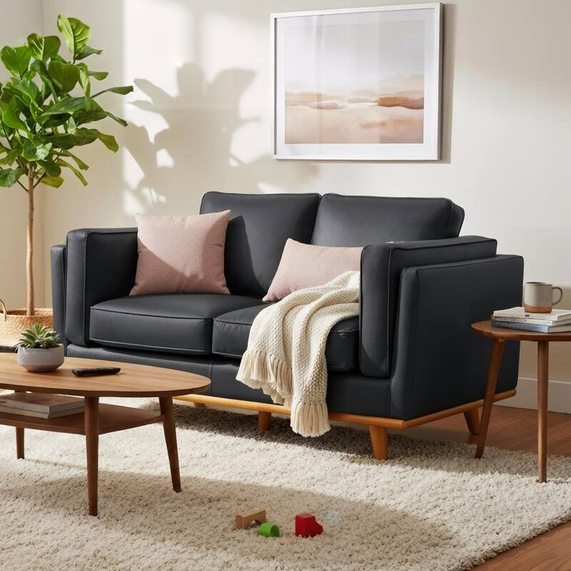 MCombo Napa Leather Couch, Leather Sofa - Black - Loveseat