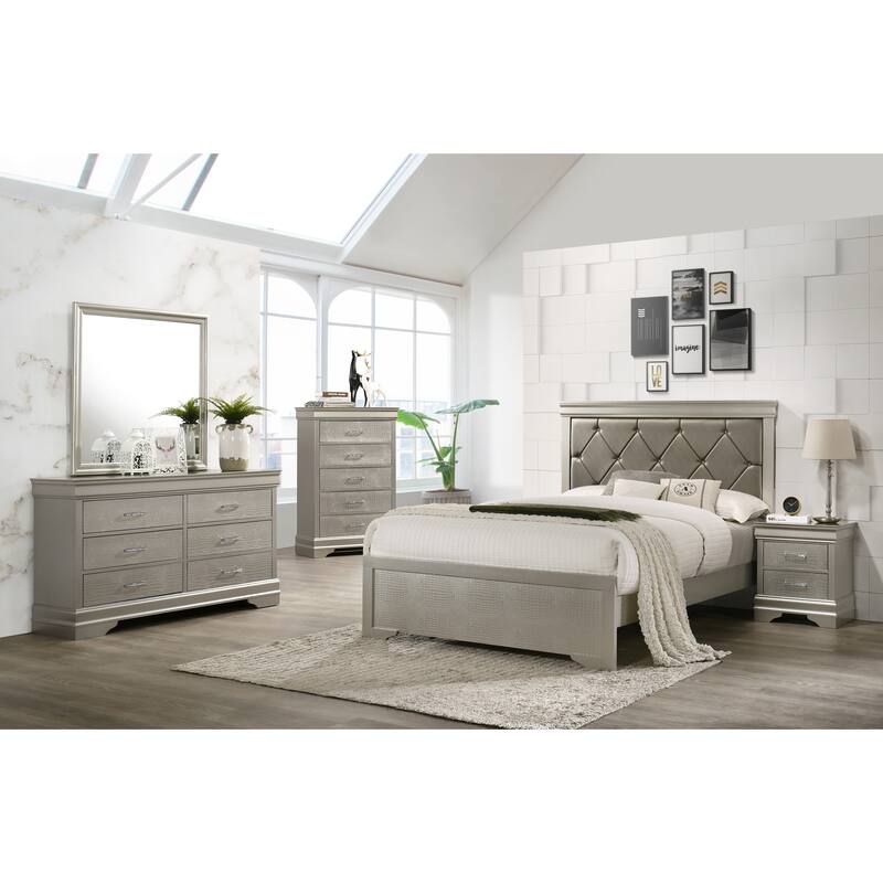 Queen Size Wood Panel Bed with Crocodile Texture Headboard and Crystal Button Tufting