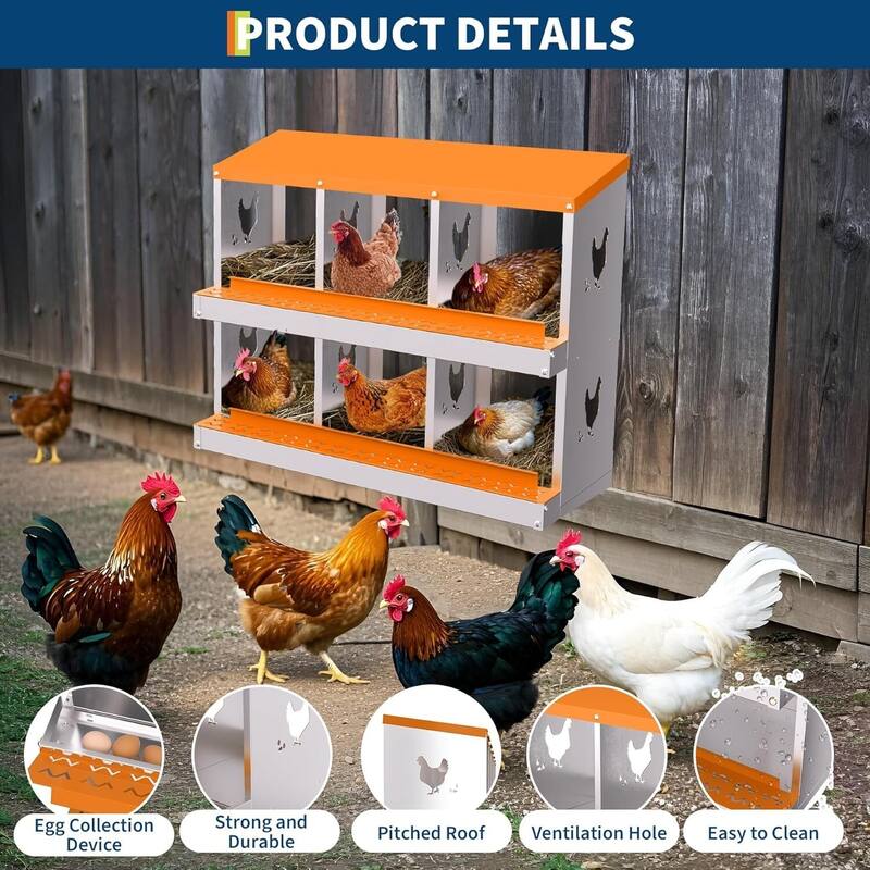 6 Compartment Metal Chicken Nesting Box, Laying Box for Hens Ducks Rabbits, Orange