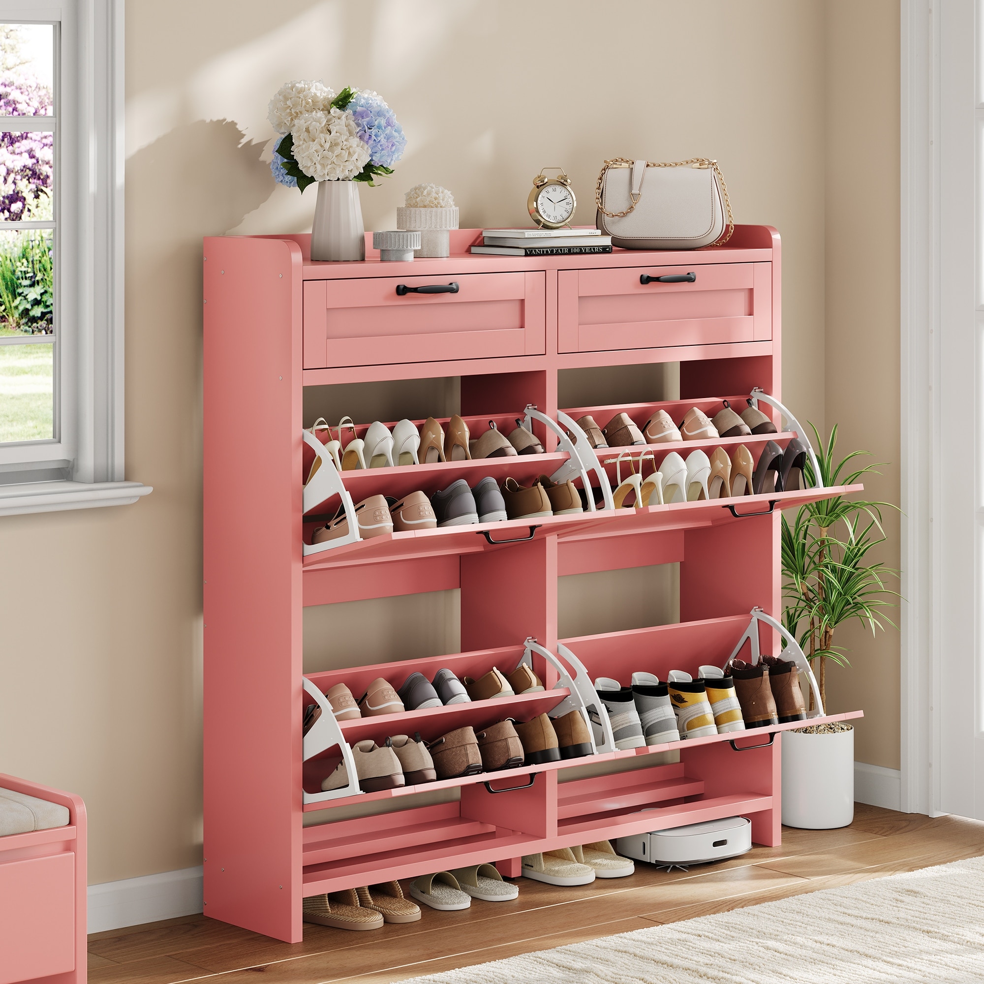 Shoe Cabinet with 4 Flip Drawers & 2 Top Drawers, Wooden Shoe Organizer Cabinet with Adjustable Shelf