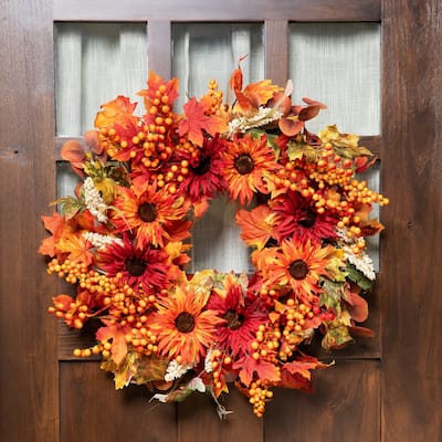 Leaves and Flowers Fall Harvest Wreath - 24-Inch, Unlit