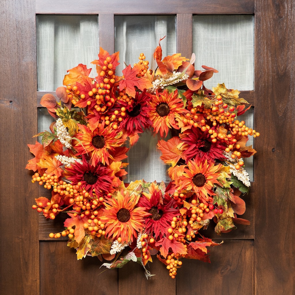 Mums and Berries with Fiery Foliage Fall Harvest Wreath - 24"