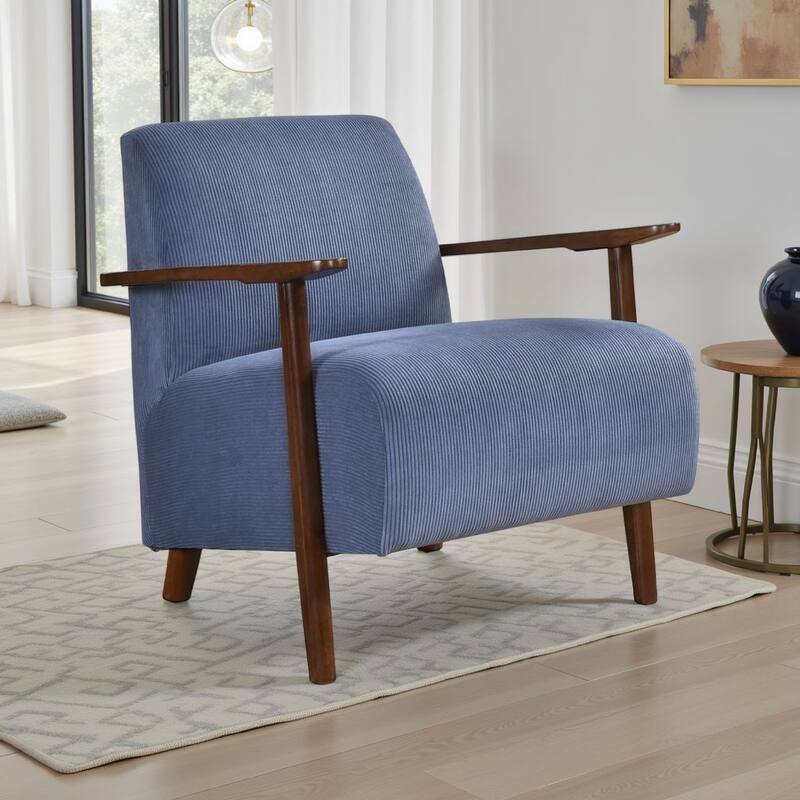 Bernie Accent Club Chair, Blue Corduroy, Dark Brown Solid Wood Frame