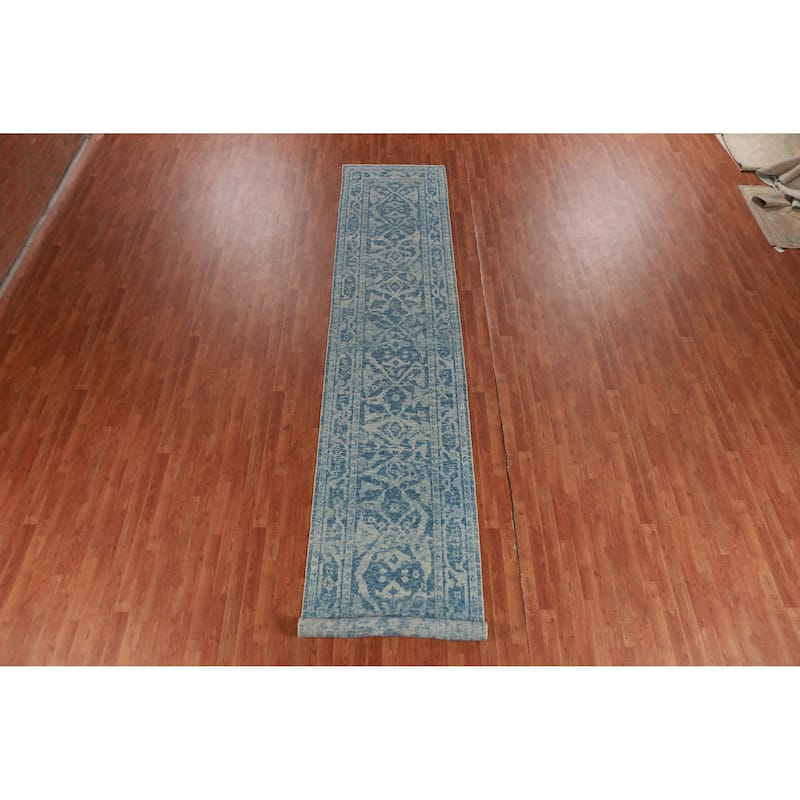 Hand Knotted Oriental 100% Wool Carpet Transitional All-Over Navy Blue & Blues Oushak Runner Rug - 17' 4'' X 3' 2''