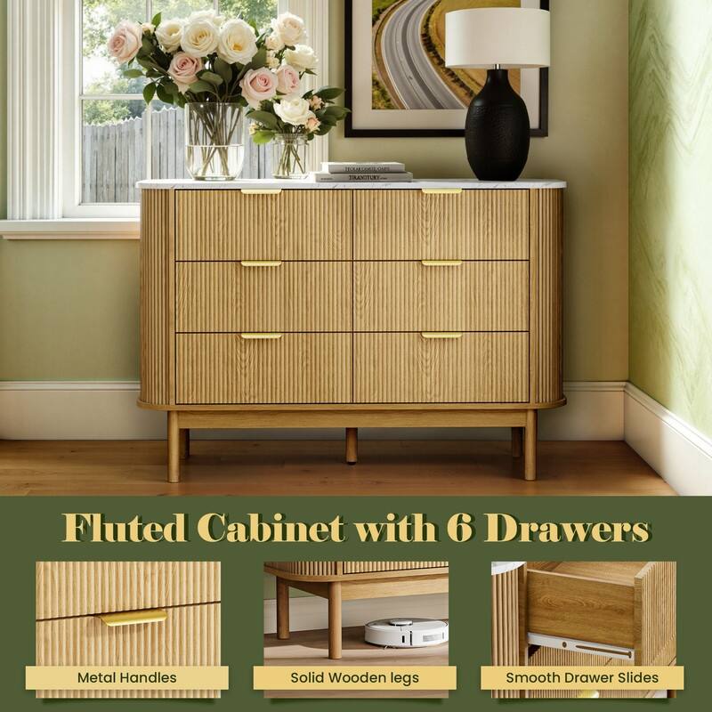 47" Wooden Buffet Cabinet Curved Profile Design With Faux Marble Top & Fluted Chest Of Drawers