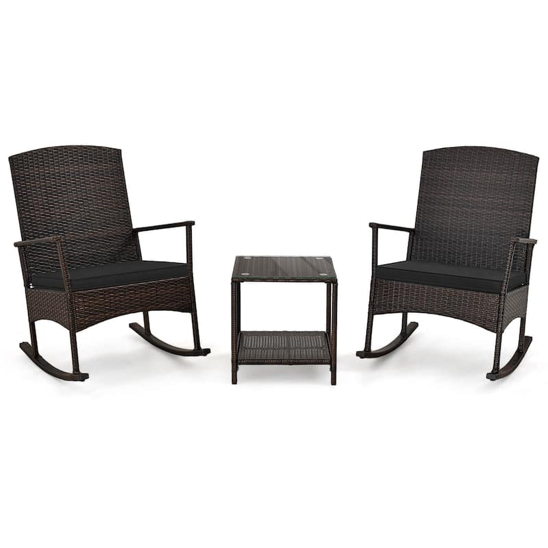 Gymax 3 PCS Rocking Set Wicker Rocking Chairs w/ 2-Tier Coffee Table - Black