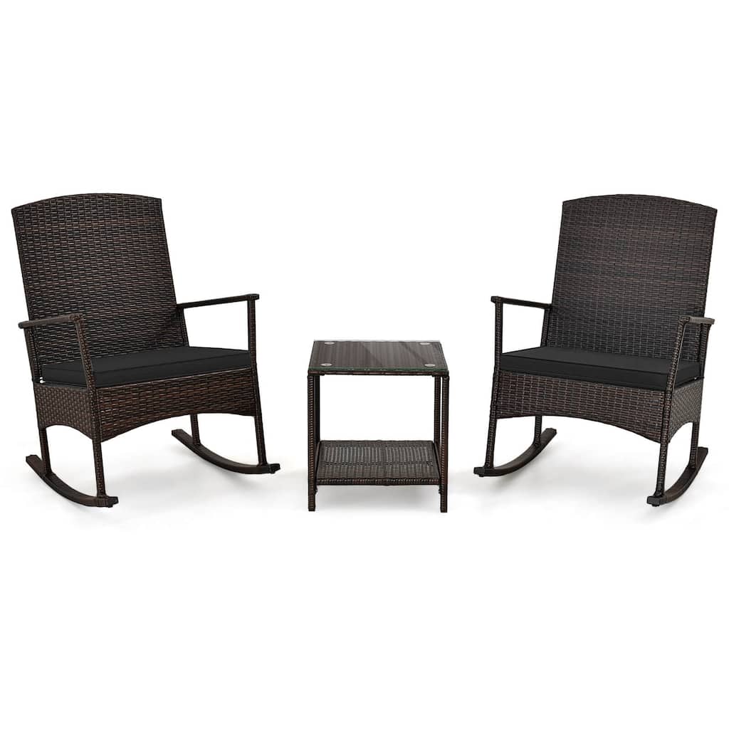 Gymax 3 PCS Rocking Set Wicker Rocking Chairs w/ 2-Tier Coffee Table