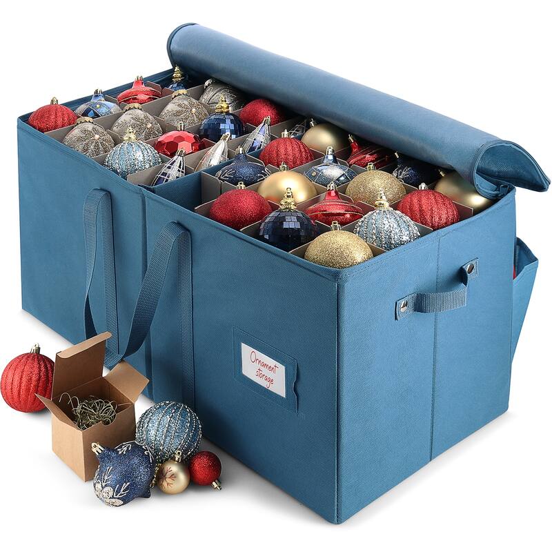 StorageBud Large Christmas Ornament Storage Box with Adjustable Dividers - Ornament Storage Container For 128 Holiday Ornaments - 1 Pack - 600D Fabric