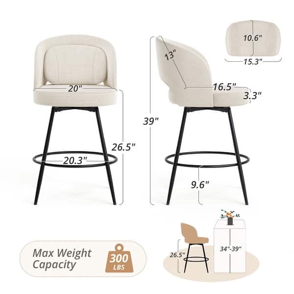 dimension image slide 1 of 4, Swivel Bar Stools Set Of 2/3/4, Metal Bar Stools, Modern Upholstered Bar Stools For Kitchen Island - 20.3"W X 20.3"D X 39"H