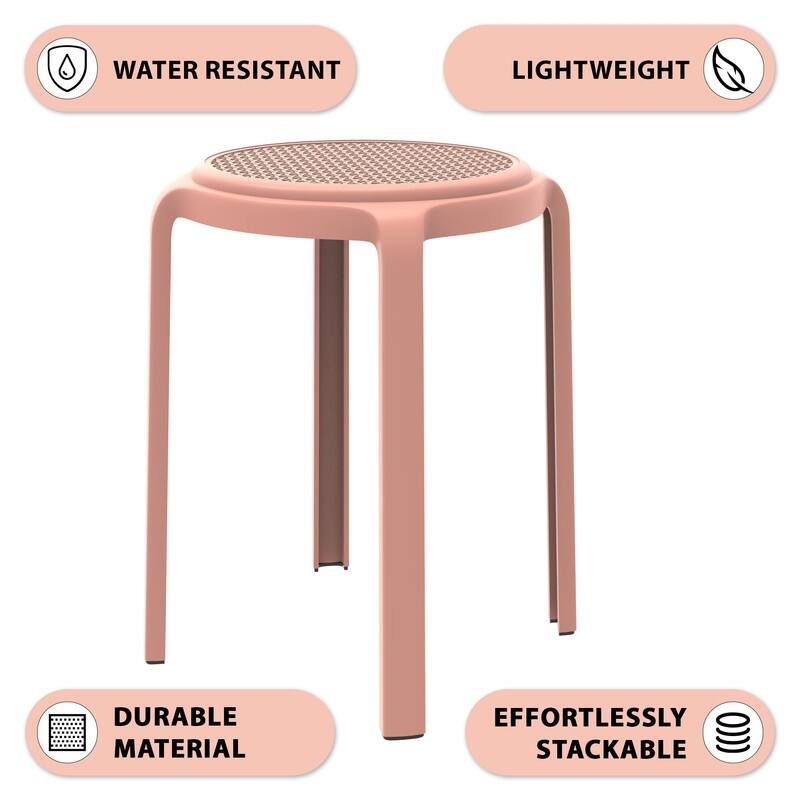 Round Plastic Dining Stool with Wicker Top Tresse Series by LeisureMod - 17.7" H x 13.4" W x 13.4" D