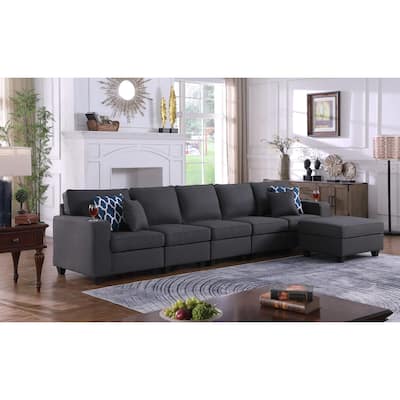 Linen Upholstered 5-Seater Sofa with Ottoman in Dark Gray