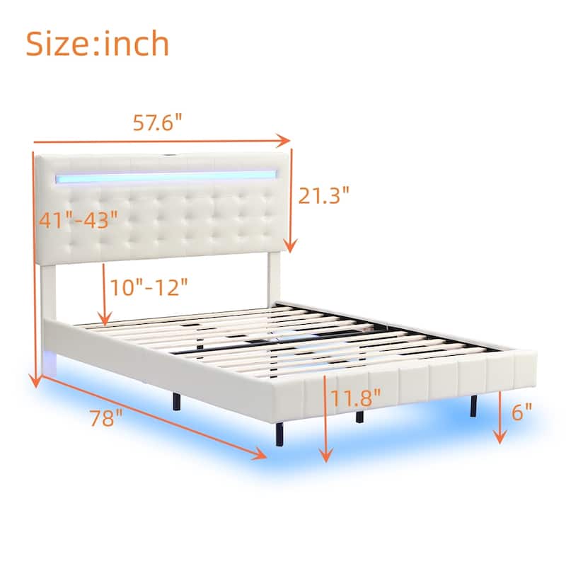 Full Size Floating Bed Frame with LED Lights and USB Charging