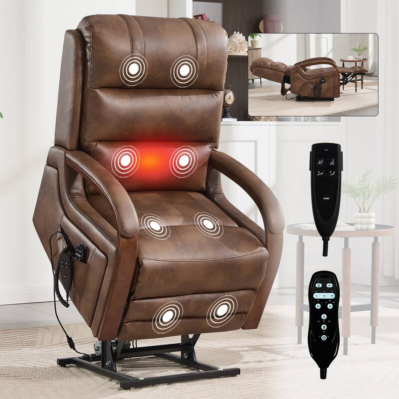 Power Leatheraire Lift Recliner Chair Dual Motor Infinite Position Up to 350 LBS with Solid Wood Armrests - Brown