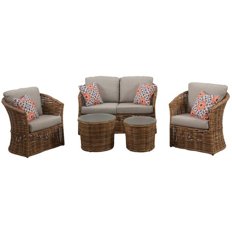 Hanover Trinidad 5-Piece Conversation Set with 2 Stationary Chairs, Loveseat, and 2 Woven Glass-Top Side Tables