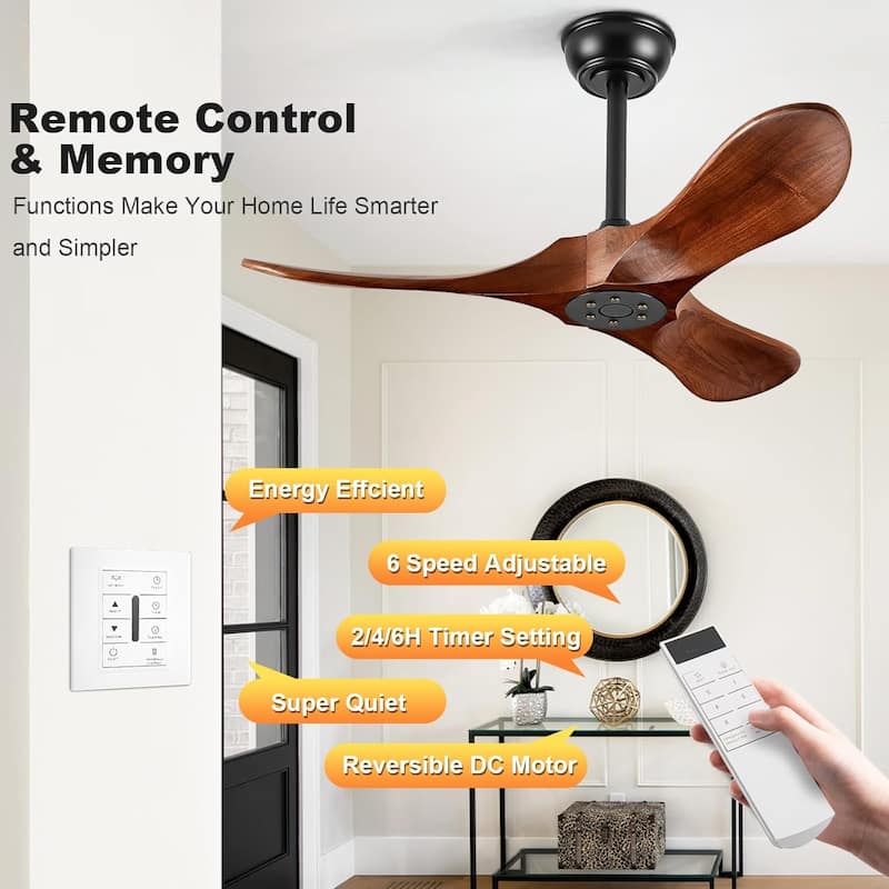 Small Wood Ceiling Fan without Light With Wall Switch and Remote Control