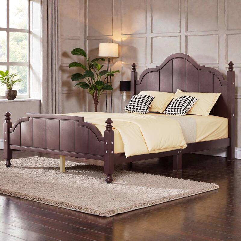 Full/Queen Wooden Platform Bed Frame with Wide Headboard, Slat Support, Vintage Style, No Box Spring Needed