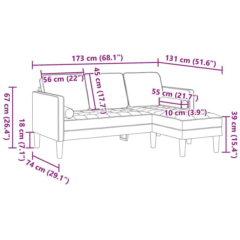 vidaXL Garden Sofa L-Shaped Black/Dark Grey/Light Grey Velvet - 68.1 x 51.6 x 26.4