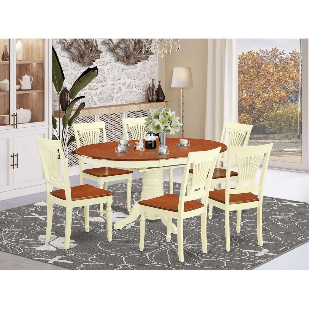 HomeStock 7-Piece Buttermilk and Cherry Finish Solid Wood Top Dining Table with 6 Chairs with Lattice Back