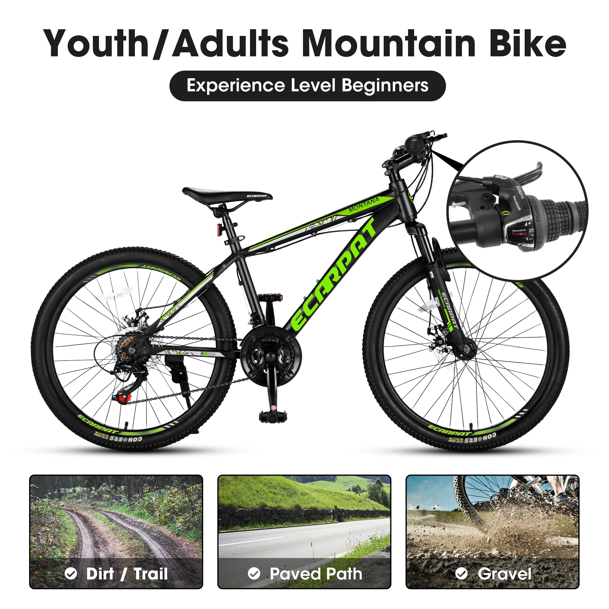 24 Inch Adult Mountain Bicycle Aluminium Frame Bike Outdoor Bikes Commuter Bikes Leisure Bikes 21 Speed with Disc Brake Green