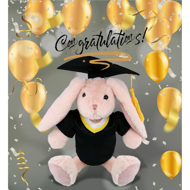 DolliBu Baby Pink Rabbit Graduation Plush Toy with Gown and Cap Outfit - 8 inches