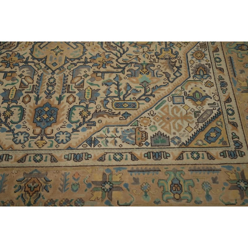 Hand Knotted Oriental 100% Wool Carpet Traditional Floral Beige & Ivories Tabriz Area Rug - 11' 1'' X 8' 3''