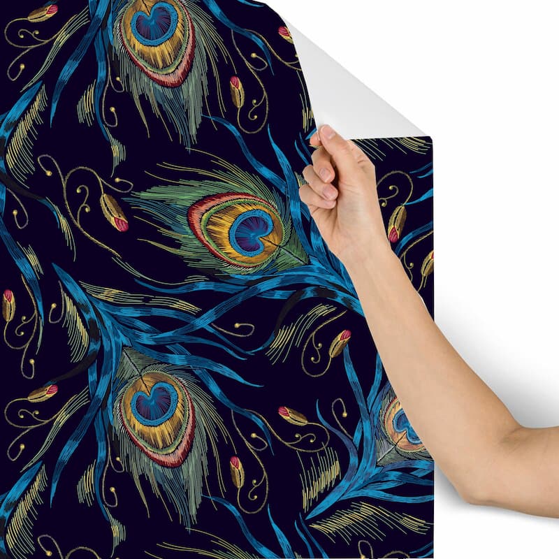 Embroidery Peacock Feathers, Removable Wallpaper - 10'ft H x 24''inch W