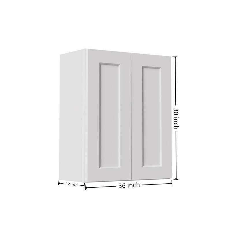 36 Inch White Shaker Double Door Wall Cabinet Solid Wood with 2 adjustable shelves Ready to Assemble for Kitchen