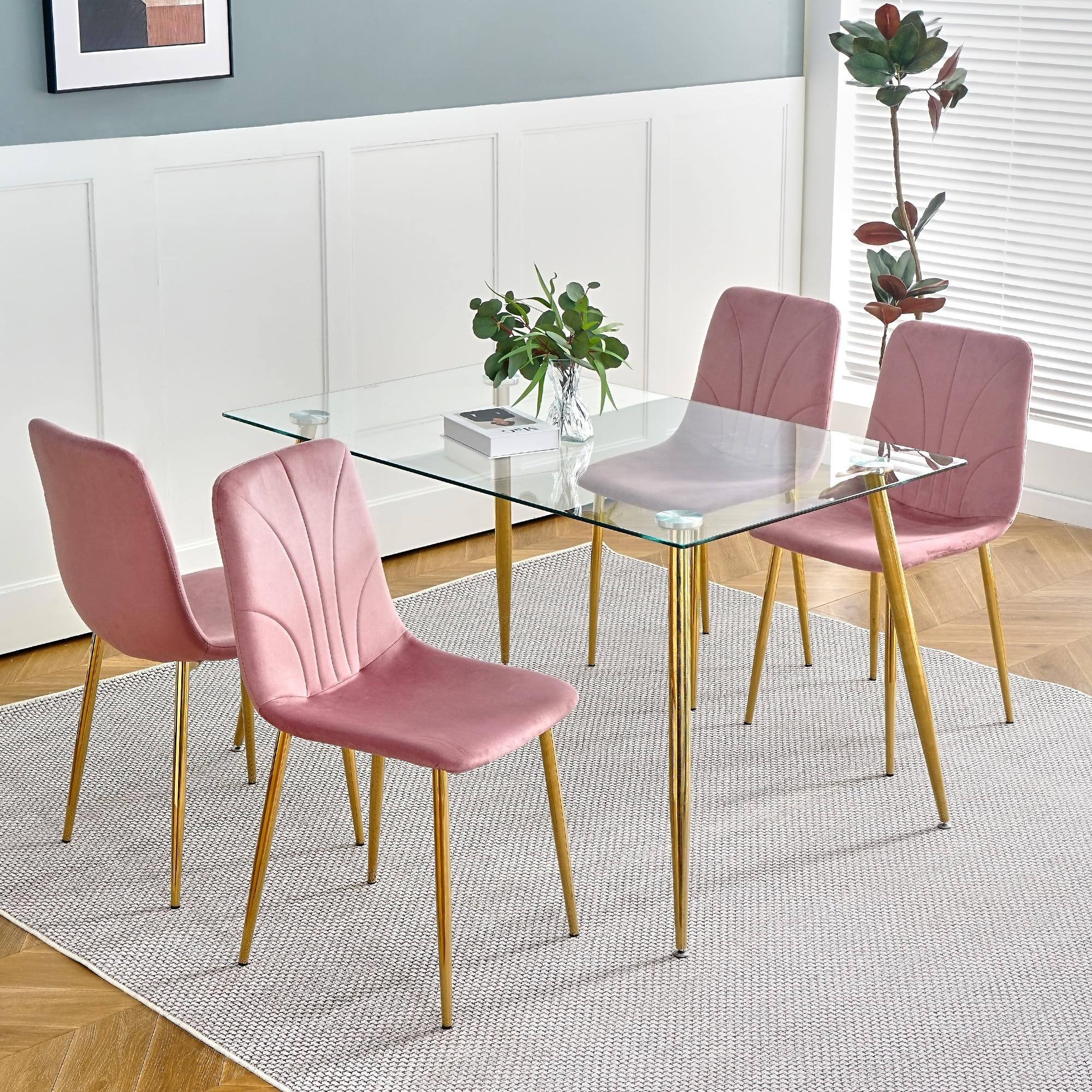 Modern simple light luxury dining pink chair home bedroom stool back dressing chair student desk chair gold metal legs set of 4