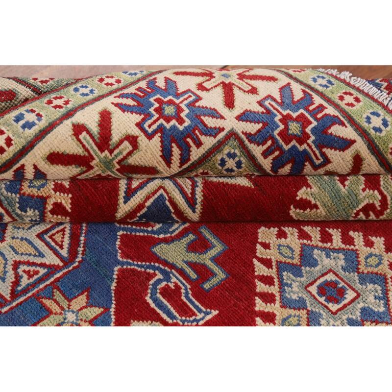 Red Geometric Kazak Oriental Area Rug Handmade Traditional Wool Carpet - 4'11" x 6'6"